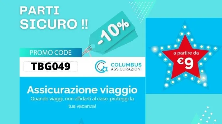 10% di sconto con il codice  TBG049  sulle polizze viaggio di Columbus Assicurazioni