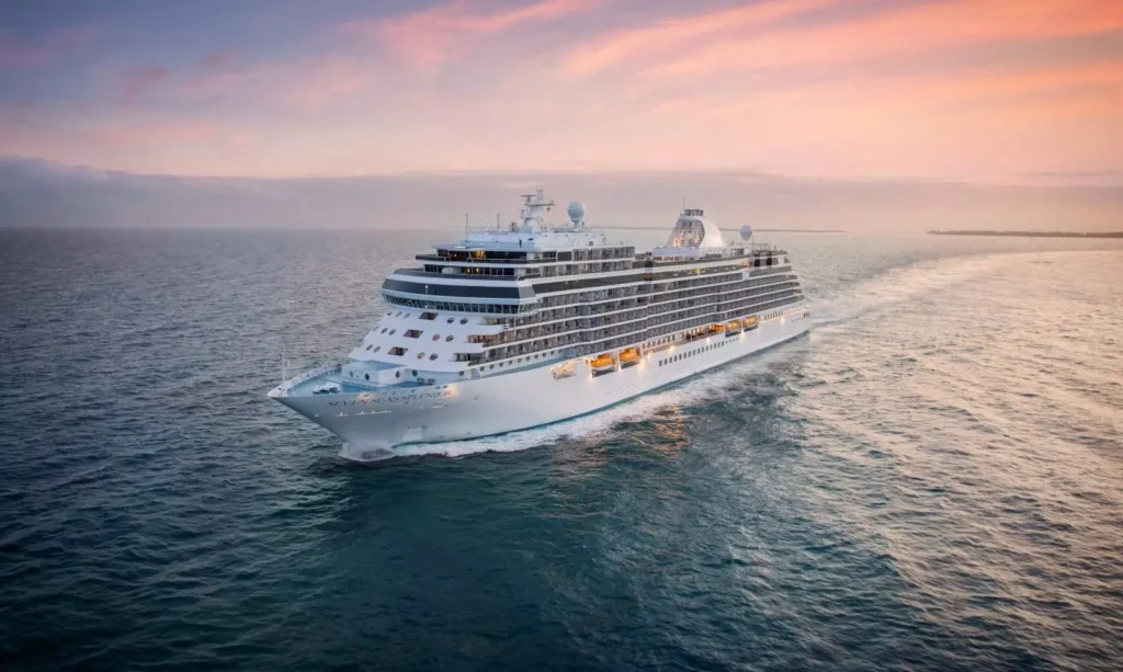 Regent-Seven-Seas-Cruises-world-cruise-2027-Seven-Seas-Explorer-Ship-Aerial-Sunset-V1